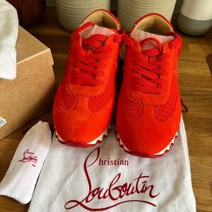 Christian Louboutin Bright Orange Suede Lace-Up Sneakers